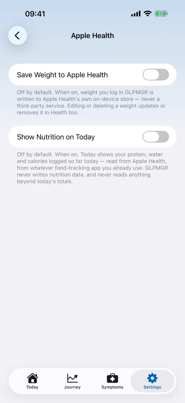 Apple Health settings in GLPMGR