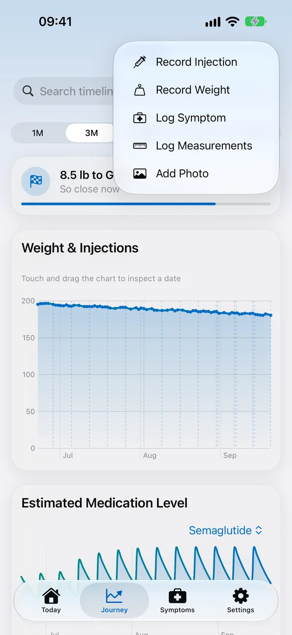 Quick-add menu for injections, weight, symptoms, measurements and photos