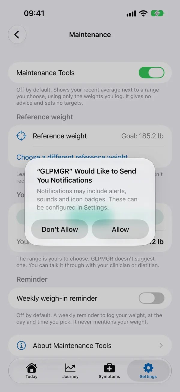 The iOS prompt asking whether GLPMGR may send notifications