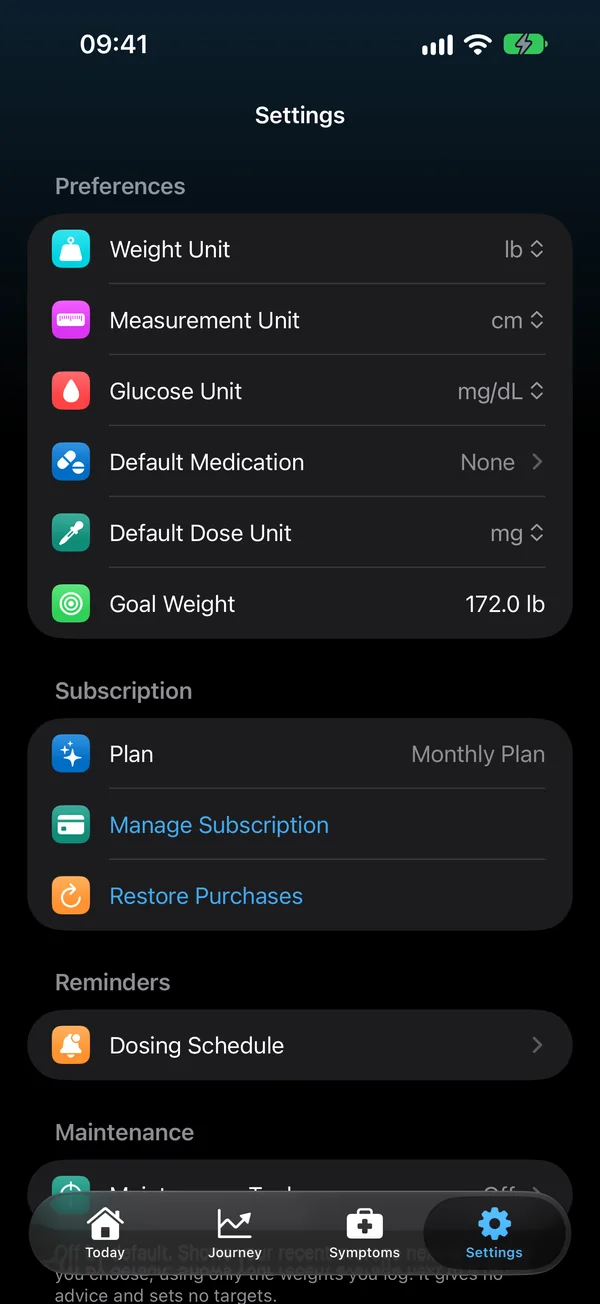 Settings in dark mode with Apple Health and iCloud switched off