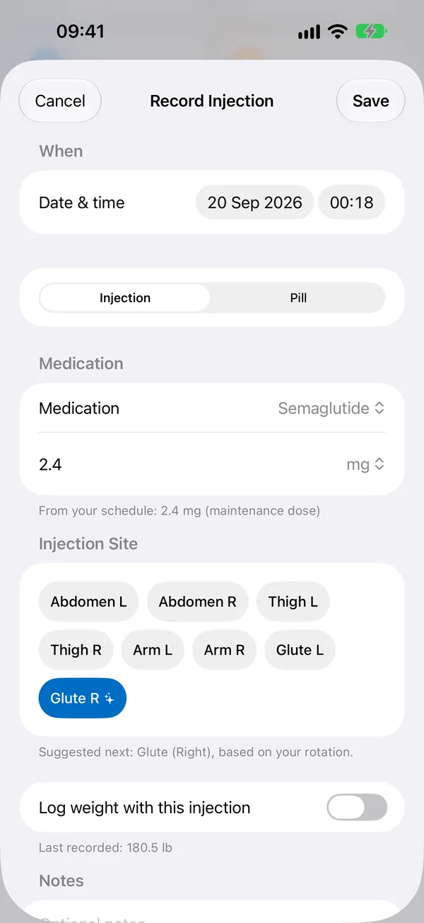 Injection site suggestion