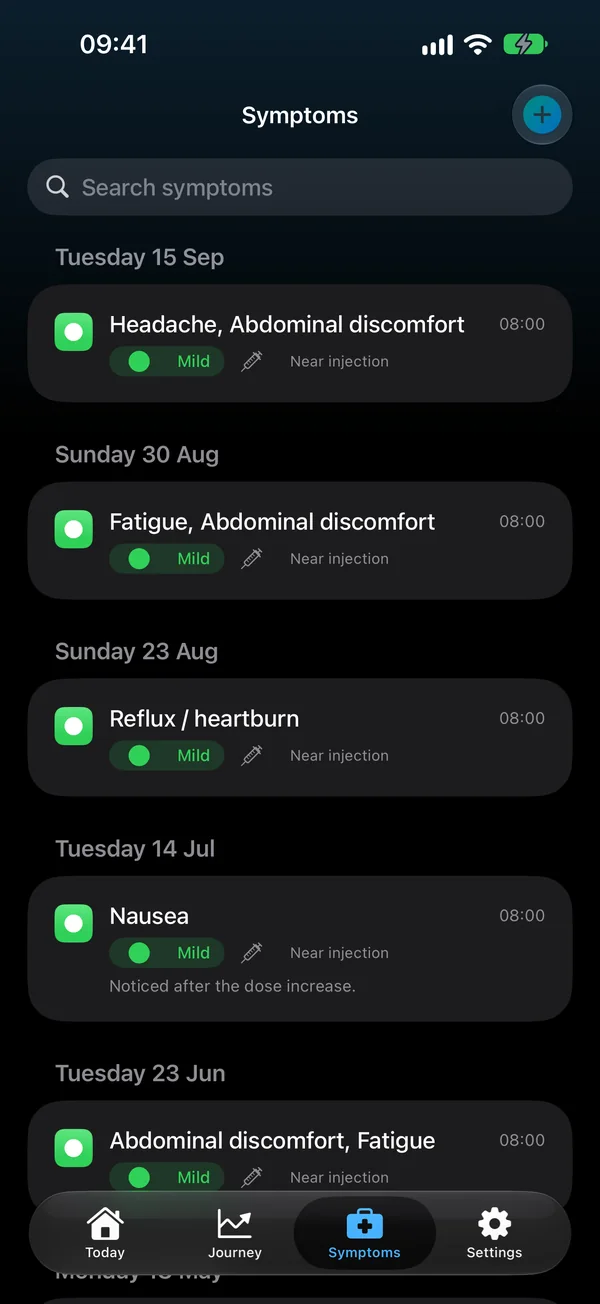 Symptoms screen in dark mode
