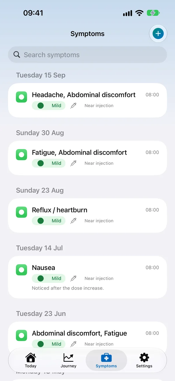 Symptom diary with severity chips