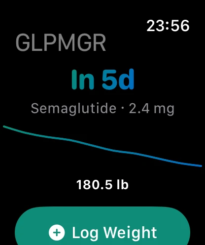 GLPMGR on Apple Watch showing time until next dose and weight trend